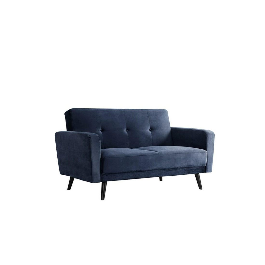 Esben 2-Seater Velvet Sofa Bed in Navy Blue, featuring a deep blue velvet upholstery, low back with button-tufted accents, straight padded arms, and slightly splayed dark wood legs in mid-century modern style.