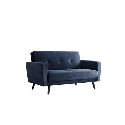 Esben 2-Seater Velvet Sofa Bed in Navy Blue, featuring a deep blue velvet upholstery, low back with button-tufted accents, straight padded arms, and slightly splayed dark wood legs in mid-century modern style.