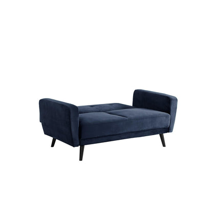 Esben 2-Seater Velvet Sofa Bed in Navy Blue shown in flat daybed configuration with sleek, slender black legs, embodying mid-century style and practicality for small spaces.