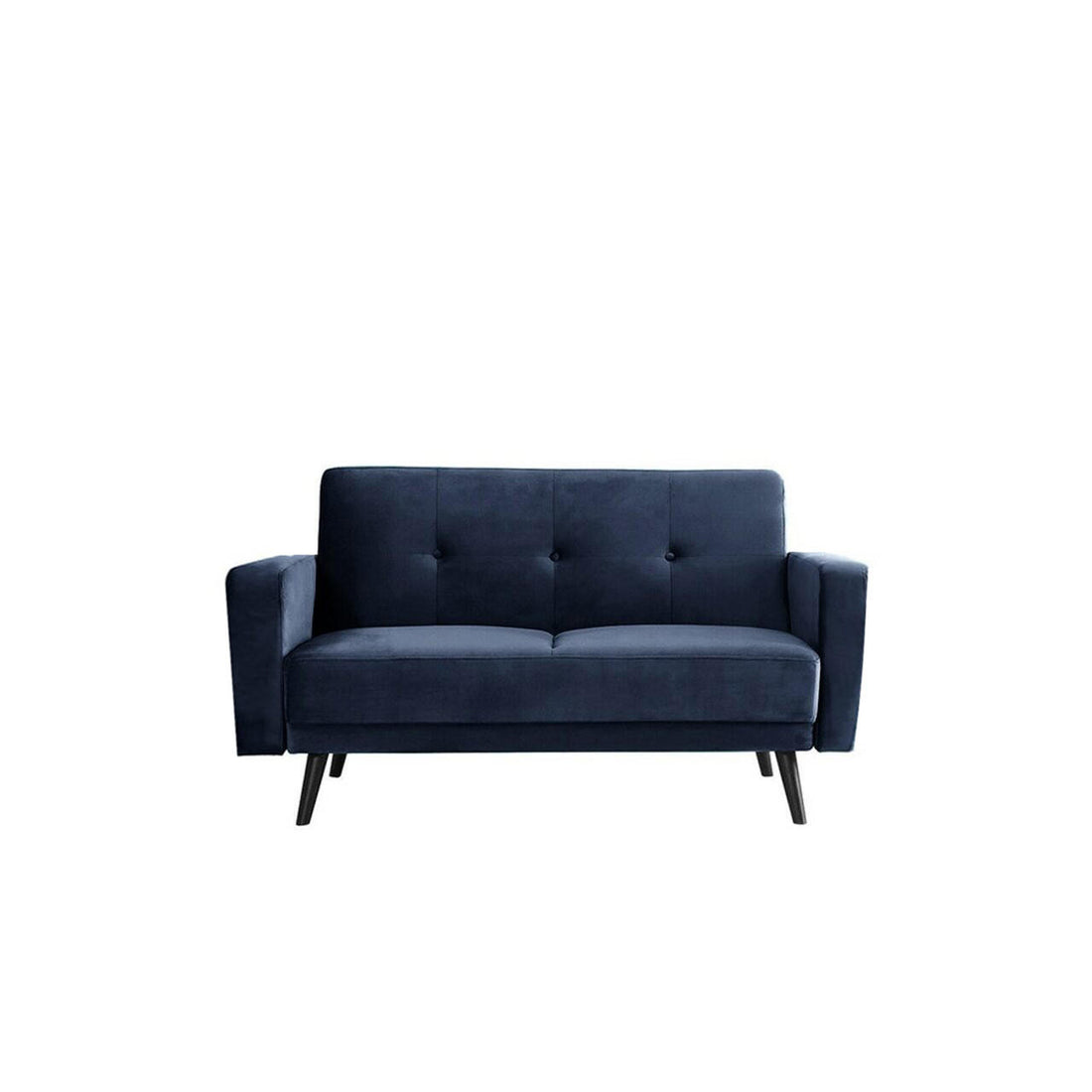 Esben 2-Seater Velvet Sofa Bed in Navy Blue, showcasing a tufted backrest, straight arms, angled black legs, and a sleek mid-century style, ideal for modern small spaces.