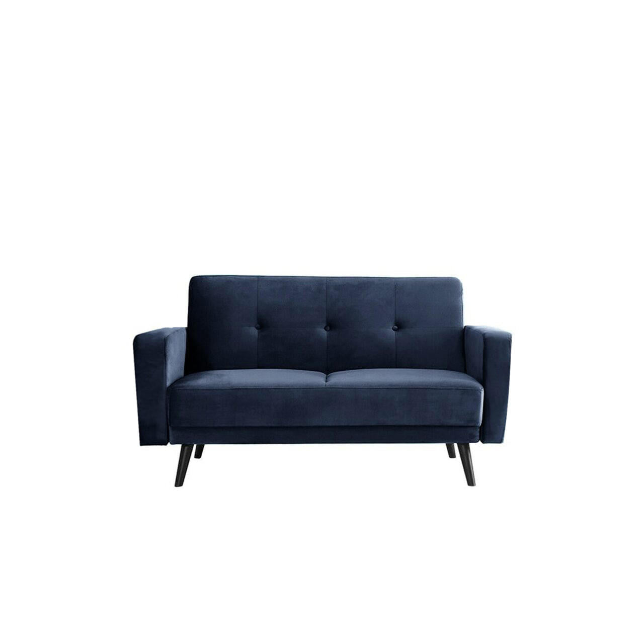 Esben 2-Seater Velvet Sofa Bed in Navy Blue, showcasing a tufted backrest, straight arms, angled black legs, and a sleek mid-century style, ideal for modern small spaces.