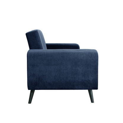 Esben 2-Seater Velvet Sofa Bed in Navy Blue, showcasing a minimalist design with deep navy velvet upholstery, low backrest, and slender, angled wooden legs, perfect for stylish, small-space living.