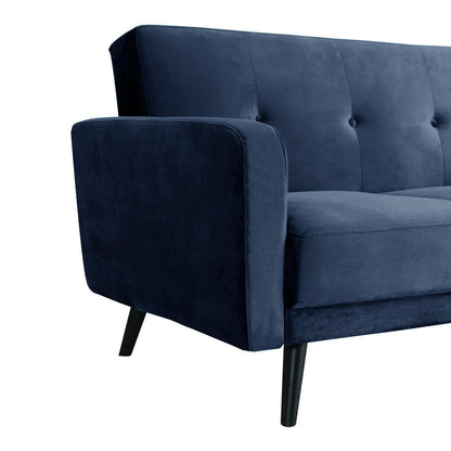Esben 2-Seater Velvet Sofa Bed in Navy Blue, featuring a modern mid-century design with a tufted back, padded armrest, and angled black wooden legs, perfect for stylish, compact spaces.