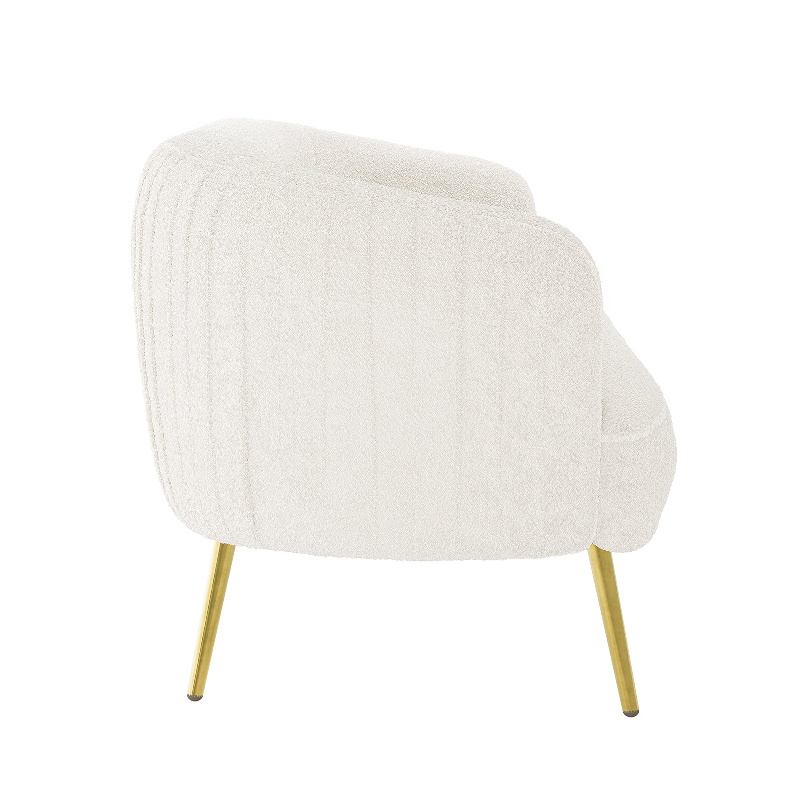 Evelyn 4 Seater Boucle Sofa Set in Cream White features a modern barrel-style accent chair with off-white bouclé upholstery, curved back and arms, and polished brass metal legs.