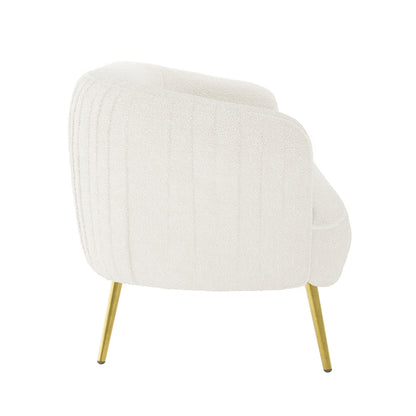 Evelyn 4 Seater Boucle Sofa Set in Cream White features a modern barrel-style accent chair with off-white bouclé upholstery, curved back and arms, and polished brass metal legs.