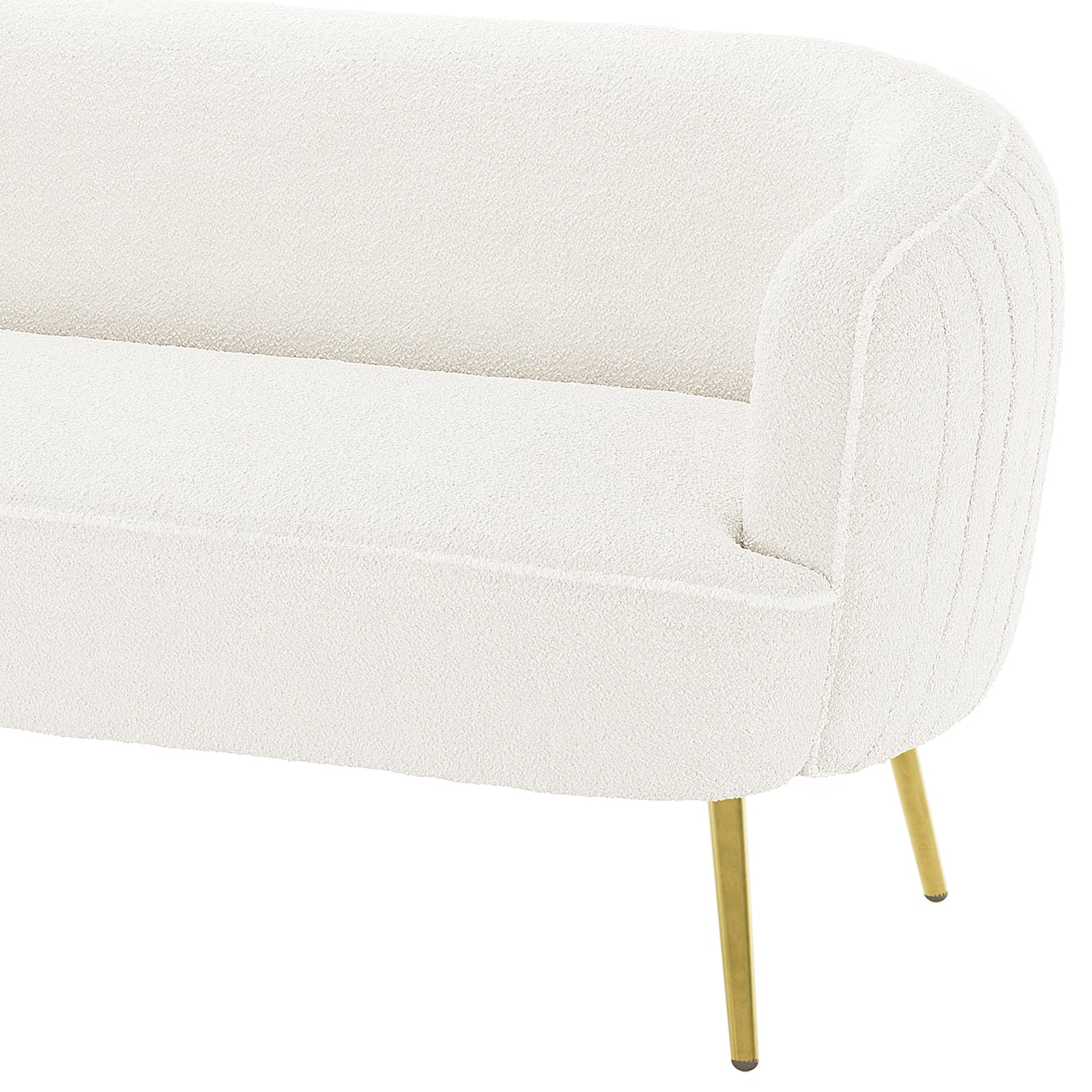 Evelyn 4 Seater Boucle Sofa Set in Cream White featuring a modern loveseat with cream bouclé fabric, rounded armrests, and sleek brass-toned metal legs.