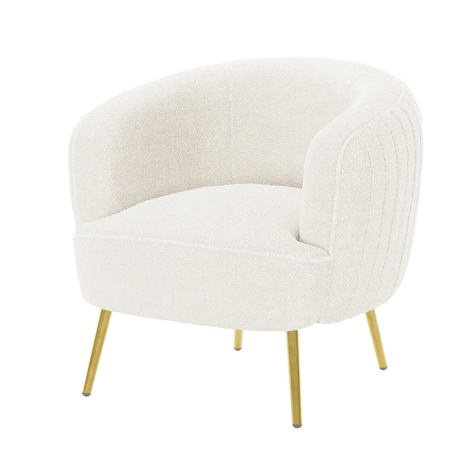 Evelyn 4 Seater Boucle Sofa Set in Cream White features a modern lounge chair with a softly curved back, cream-white boucle upholstery, and slender brass-tone metal legs.
