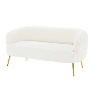 Evelyn 2 Seater Curved Boucle Sofa in Cream White, featuring a modern design with a curved back, plush seat, and brushed brass splayed legs, seamlessly blending elegance and comfort.