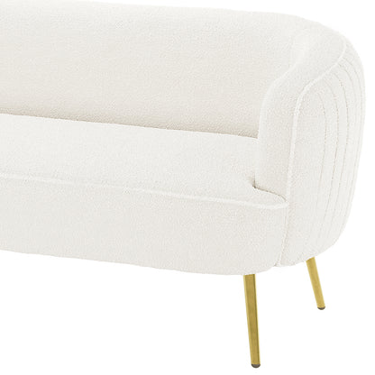 Evelyn 2 Seater Curved Boucle Sofa in Cream White features a modern design with a curved back, single armrest, white bouclé fabric, and slim brass-metal legs.
