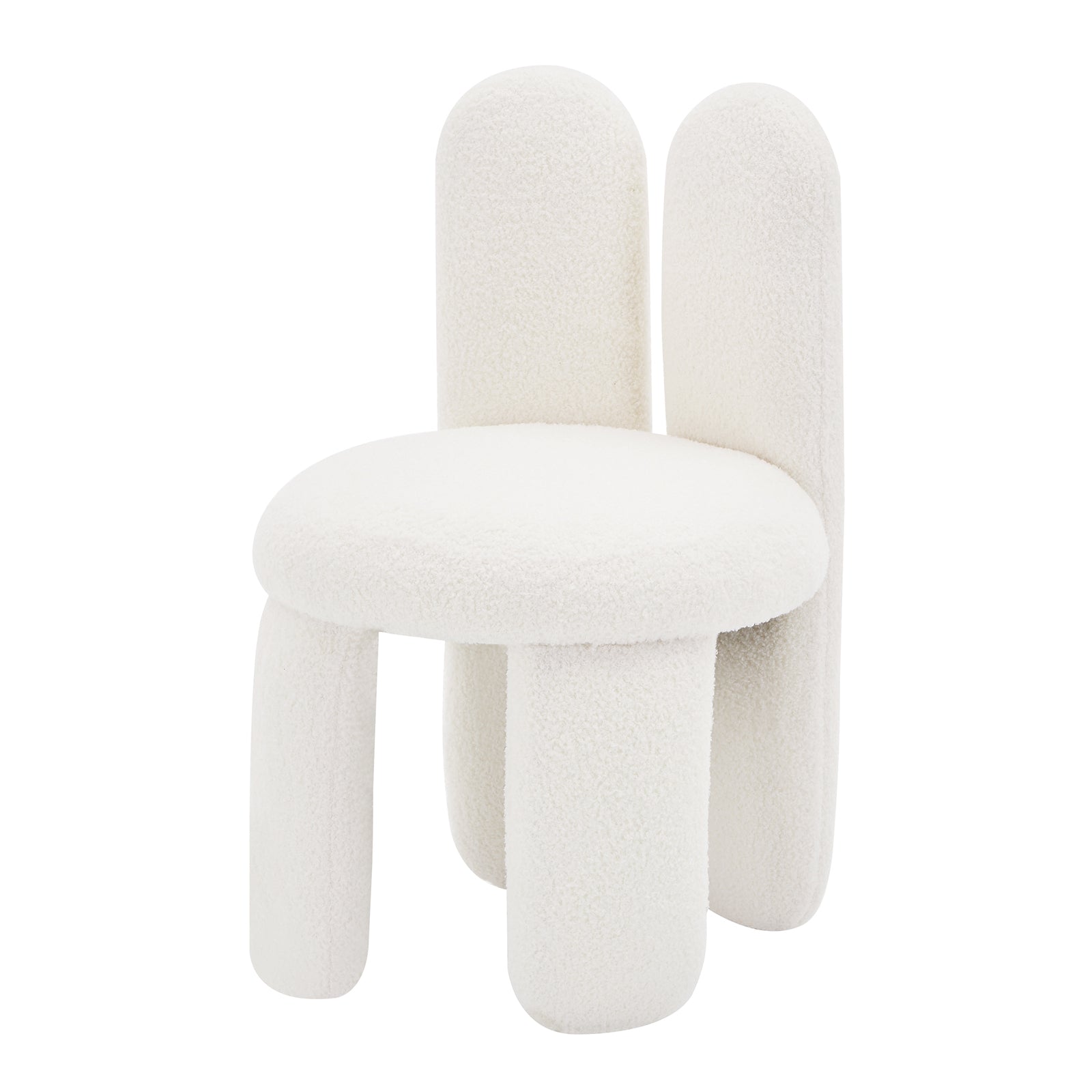 Flore Boucle Kids Chair with Bunny Ears in Cream White features a playful, sculptural design with a round, padded seat, thick cylindrical legs, and tall, pill-shaped backrests resembling bunny ears.