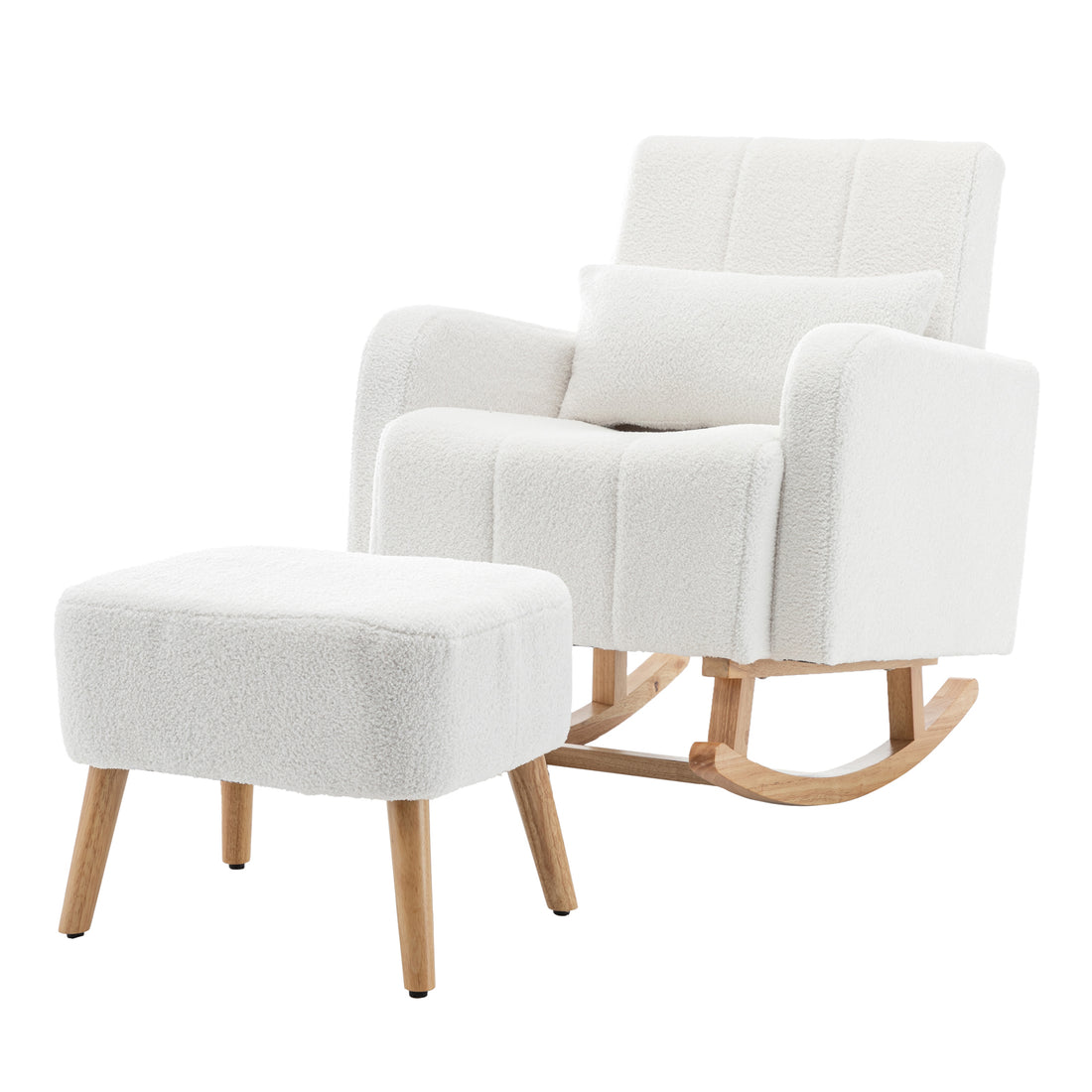 The Gamila Boucle Rocking Chair with Ottoman in Cream White features soft boucle fabric, padded arms, a lumbar pillow, wooden rockers, and a matching ottoman, offering stylish comfort and support.