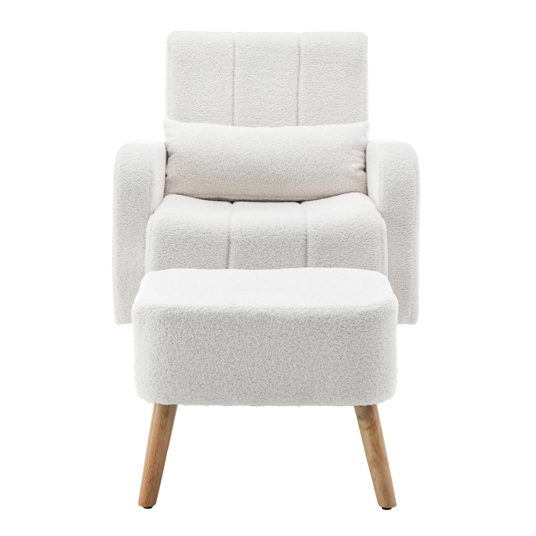 Gamila Boucle Rocking Chair with Ottoman in Cream White, featuring soft bouclé fabric, wooden legs, and a coordinated footstool, designed for comfort with a cushioned back and arms.