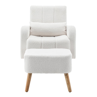 Gamila Boucle Rocking Chair with Ottoman in Cream White, featuring soft bouclé fabric, wooden legs, and a coordinated footstool, designed for comfort with a cushioned back and arms.