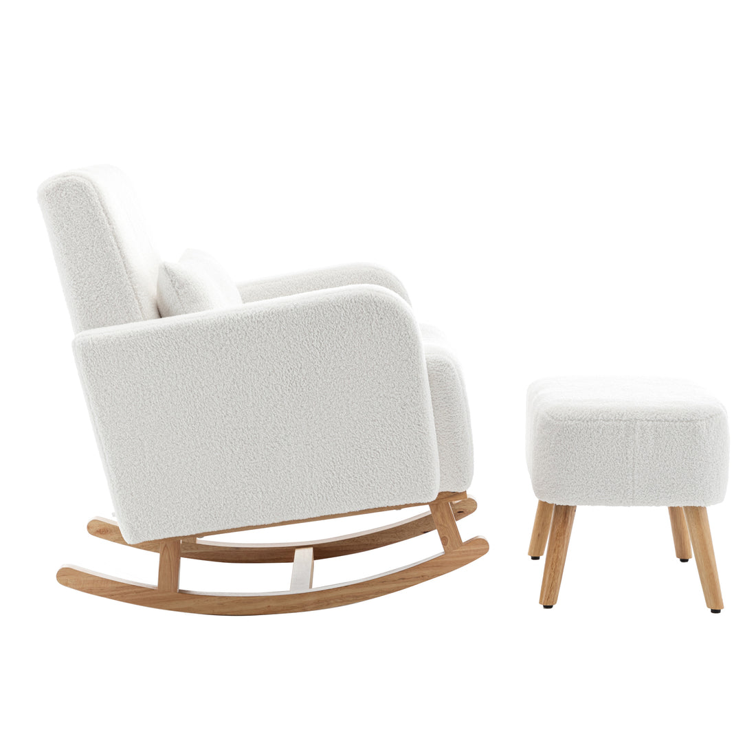 Gamila Boucle Rocking Chair with Ottoman in Cream White features a modern design with off-white boucle upholstery, cushioned seat, and matching ottoman on wooden legs, offering style and comfort.