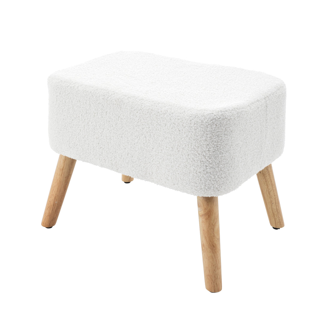 Gamila Boucle Rocking Chair with Ottoman in Cream White features a small upholstered footstool with a rounded-corner cushion in white boucle fabric, supported by four splayed, natural-wood legs.