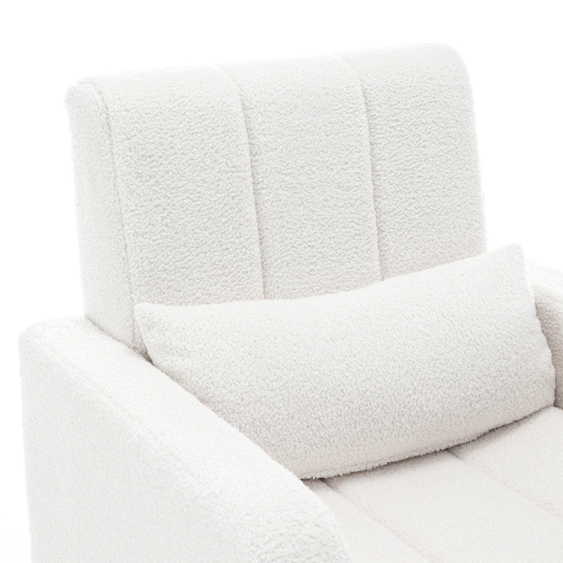 Close-up of the Gamila Boucle Rocking Chair with Ottoman in Cream White, featuring boucle upholstery, vertical channel stitching on the padded backrest, armrest, and a matching lumbar pillow for enhanced comfort.