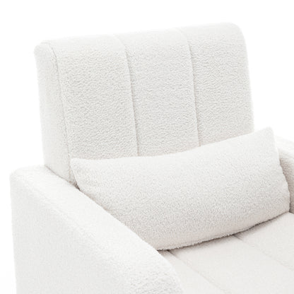 Close-up of the Gamila Boucle Rocking Chair with Ottoman in Cream White, featuring boucle upholstery, vertical channel stitching on the padded backrest, armrest, and a matching lumbar pillow for enhanced comfort.