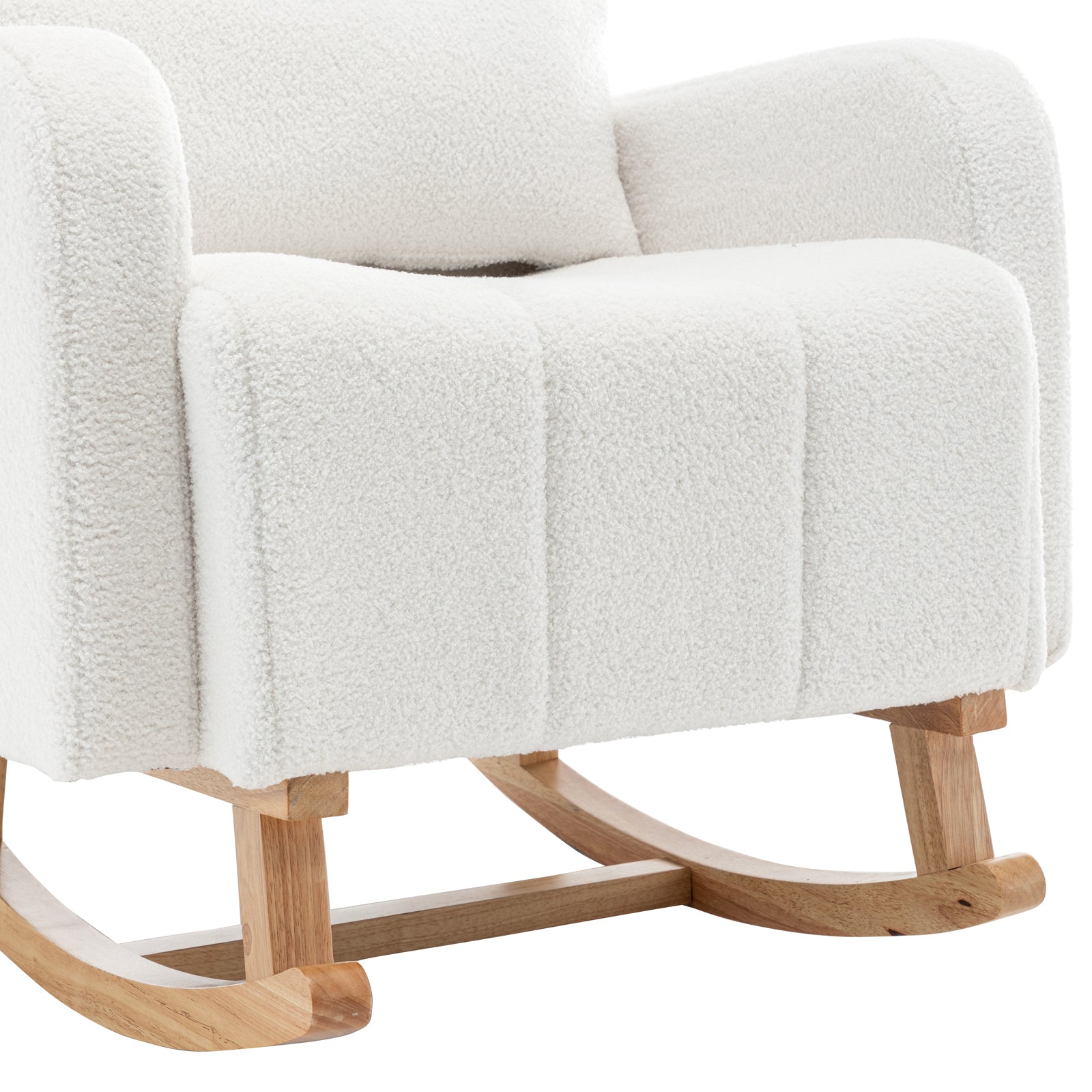 Gamila Boucle Rocking Chair with Ottoman in Cream White, featuring plush boucle upholstery, tufted seat, padded armrests, and natural wood rocker base, designed for comfort with a matching ottoman.