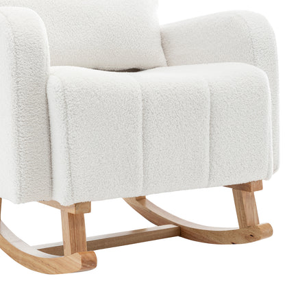 Gamila Boucle Rocking Chair with Ottoman in Cream White, featuring plush boucle upholstery, tufted seat, padded armrests, and natural wood rocker base, designed for comfort with a matching ottoman.