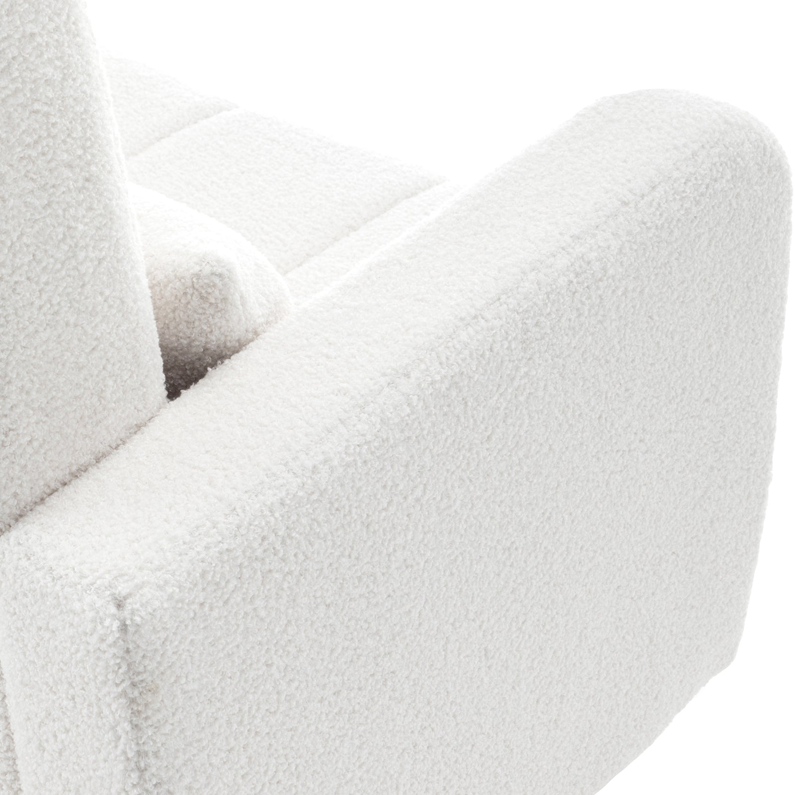 Close-up of the Gamila Boucle Rocking Chair's armrest and back, showcasing its soft, nubby texture and clean, modern lines in boucle fabric, highlighting the chair's elegant and comfortable design.