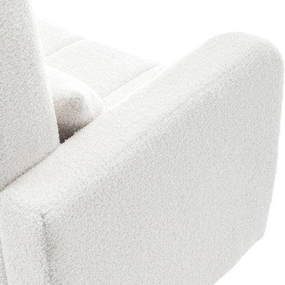 Close-up of the Gamila Boucle Rocking Chair's armrest and back, showcasing its soft, nubby texture and clean, modern lines in boucle fabric, highlighting the chair's elegant and comfortable design.