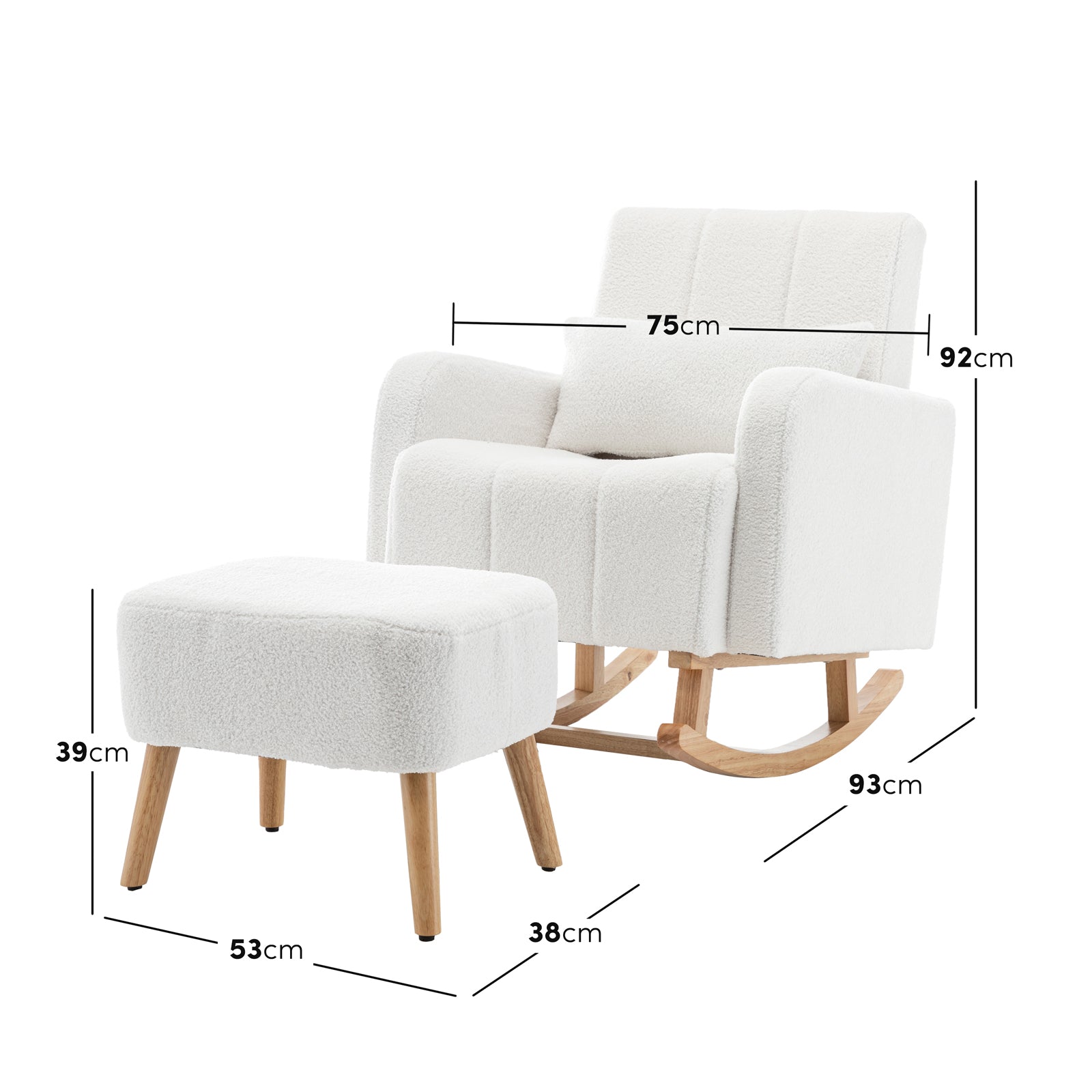 Gamila Boucle Rocking Chair with Ottoman in Cream White, featuring plush white upholstery, curved rocker runners, and a matching ottoman with straight legs, showcasing a timeless design and ergonomic comfort.