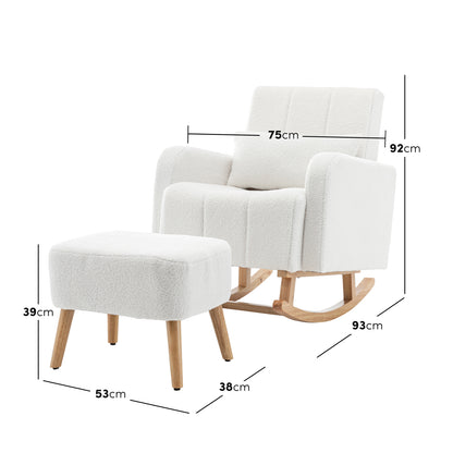 Gamila Boucle Rocking Chair with Ottoman in Cream White, featuring plush white upholstery, curved rocker runners, and a matching ottoman with straight legs, showcasing a timeless design and ergonomic comfort.