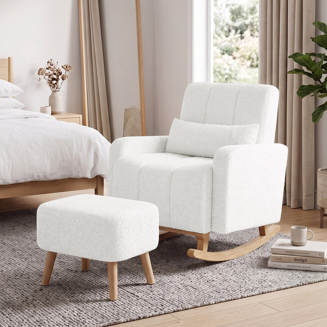 Gamila Boucle Rocking Chair with Ottoman in Cream White
