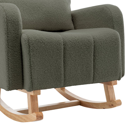 Gamila Boucle Rocking Chair with Ottoman in Green features plush olive-green bouclé upholstery and a natural wood rocker base, highlighting its elegant design and luxurious comfort.