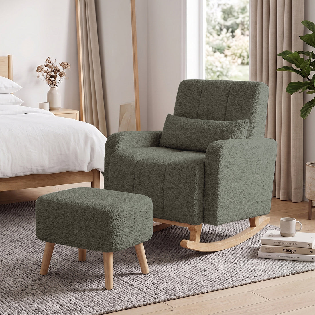 Gamila Boucle Rocking Chair with Ottoman in Green