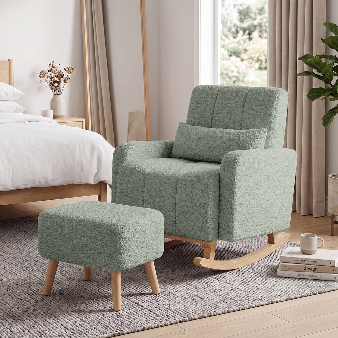 Gamila Boucle Rocking Chair with Ottoman in Mint Green