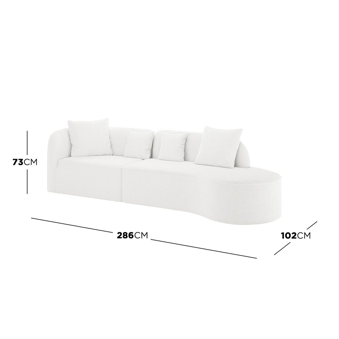 Cream white Hattie 4 Seater Boucle Sofa, featuring a low-profile curved design, upholstered in soft bouclé fabric with four loose back cushions. Dimensions: 286cm length, 102cm depth, 73cm height.