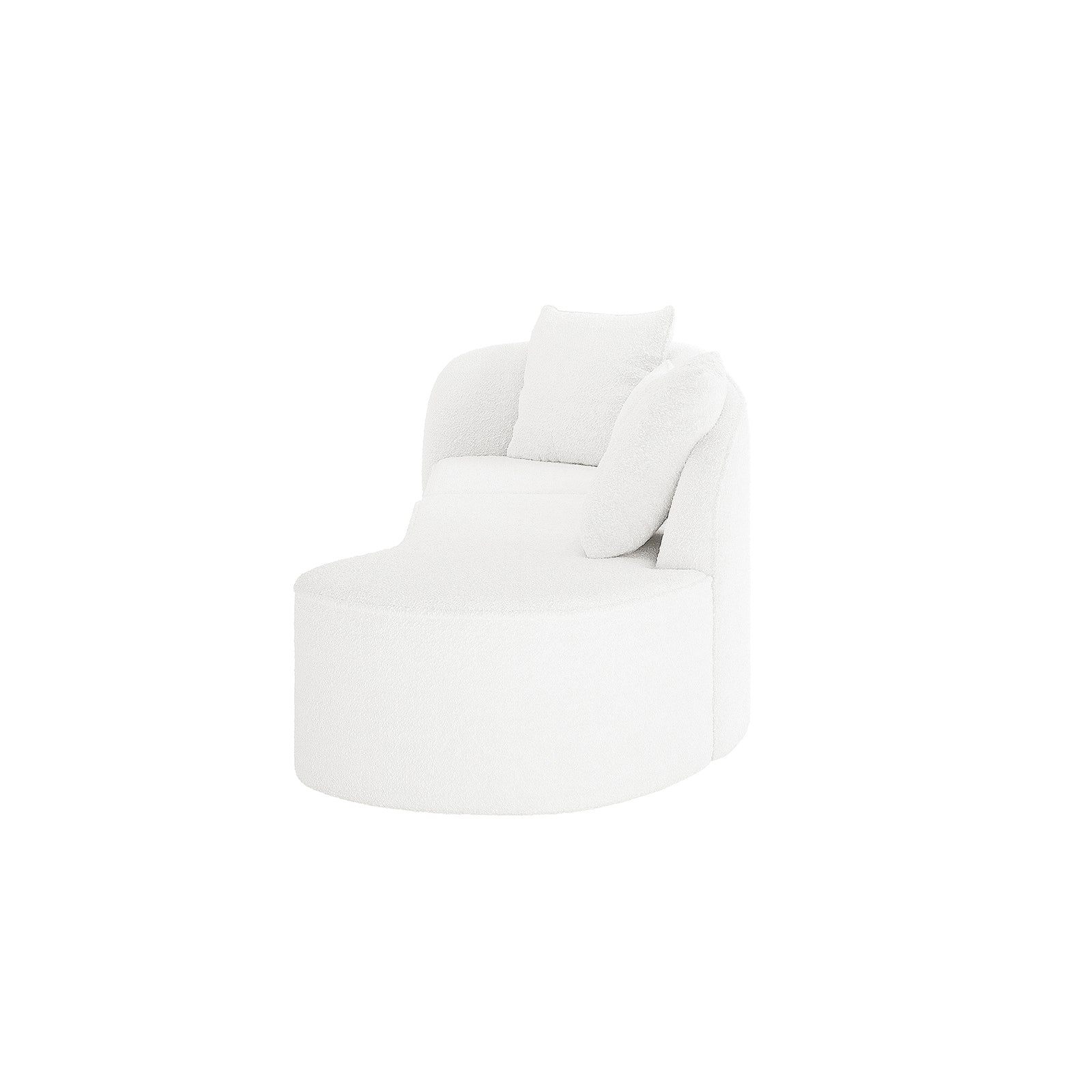 Hattie 4 Seater Boucle Sofa in Cream White, featuring a curved lounge-chair module with fluffy bouclé upholstery, a low semicircular base, tall rounded backrest, and two matching throw cushions.