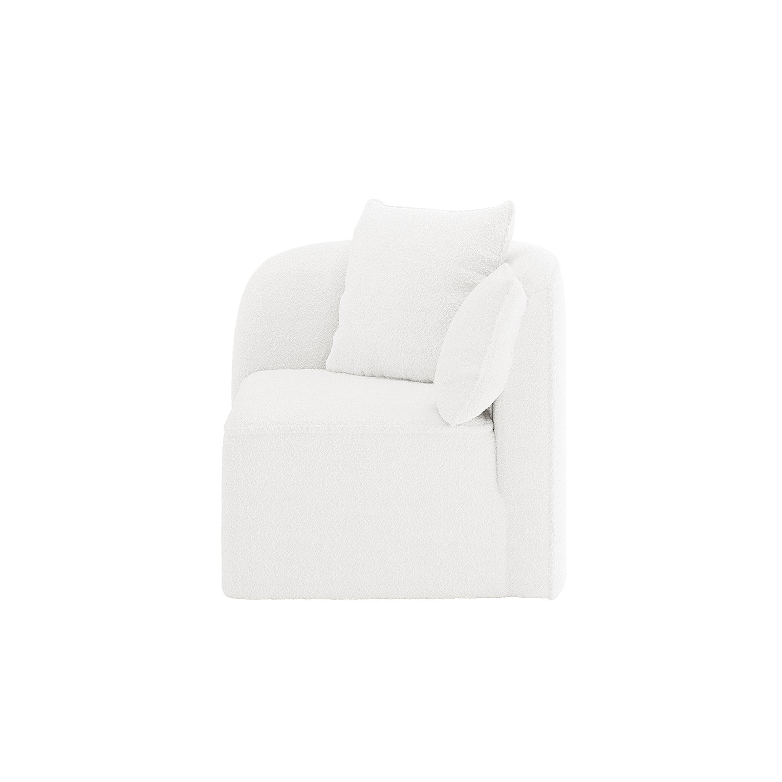 Cream white Hattie 4 Seater Boucle Sofa featuring a plush, boucle-style modular lounge seat with an integrated back, right arm, deep seat cushion, and two loose pillows for luxurious comfort.
