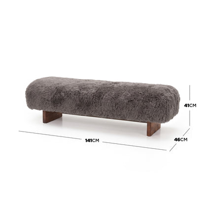 A product dimension diagram of the modern taupe faux-fur or sheepskin upholstered bench, showing a length of 141 cm, a depth/width of 46 cm, and a height of 41 cm, set against a clean white background.