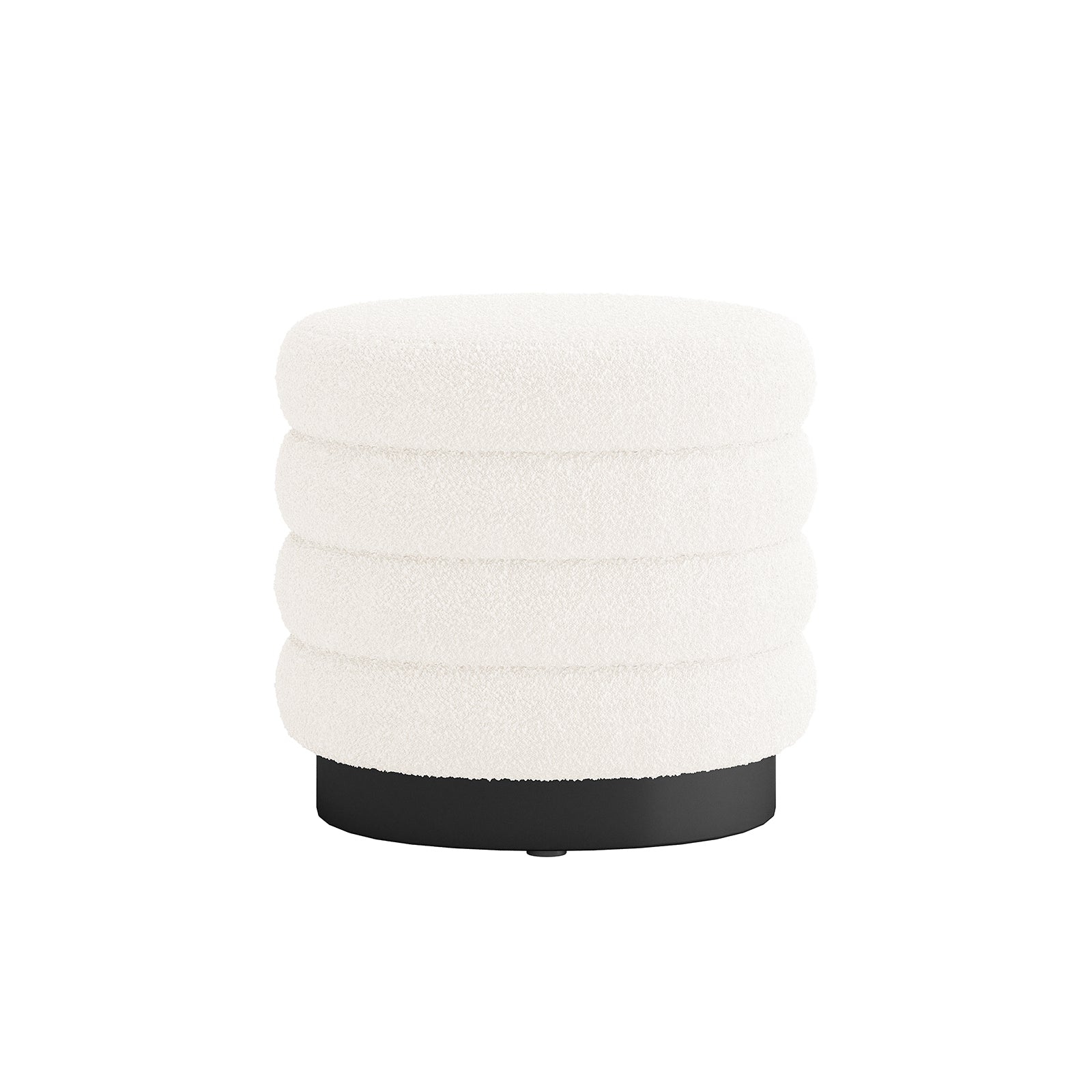 Irina Boucle Ottoman Stool Cream White, round with a ribbed design, featuring a black metal base, ideal for stylish living room seating and decor.
