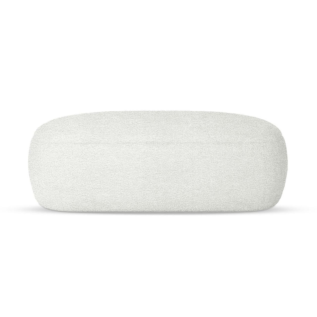 Jamie 110cm Bouclé Fabric Ottoman in Cream White, featuring a low, rectangular design with soft, rounded corners and upholstered in textured bouclé fabric, offering a spacious and elegant footrest.