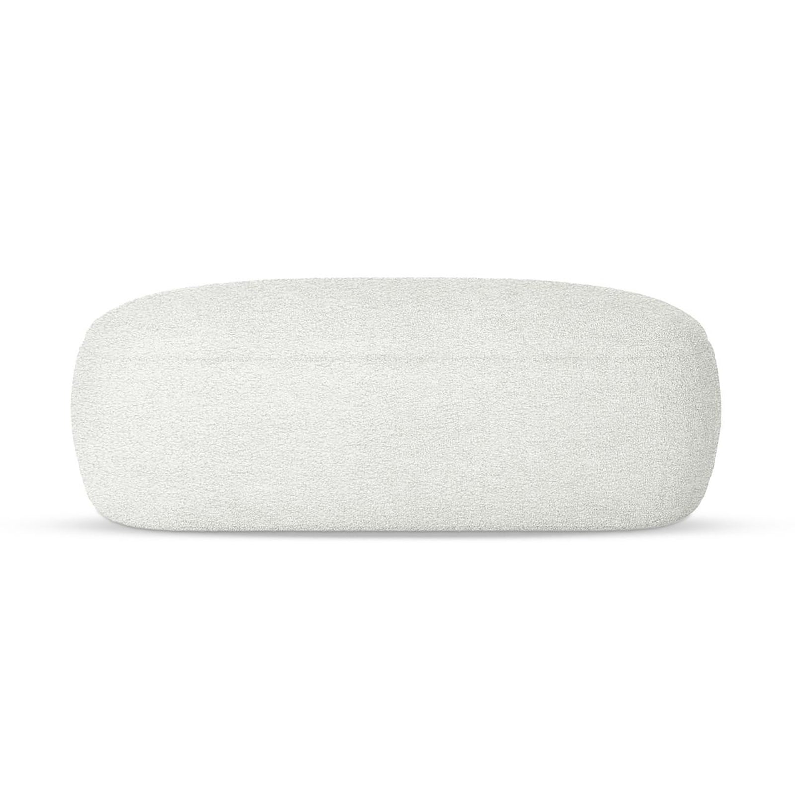 Jamie 110cm Bouclé Fabric Ottoman in Cream White, featuring a low, rectangular design with soft, rounded corners and upholstered in textured bouclé fabric, offering a spacious and elegant footrest.