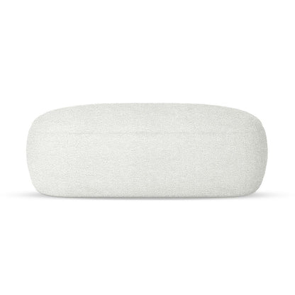 Jamie 110cm Bouclé Fabric Ottoman in Cream White, featuring a low, rectangular design with soft, rounded corners and upholstered in textured bouclé fabric, offering a spacious and elegant footrest.