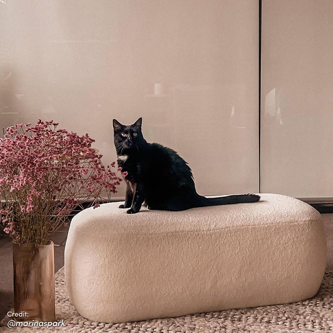 Jamie 110cm Bouclé Ottoman in Cream White with a sleek black cat on top, next to a ribbed metallic vase with dusty-pink blooms, set on a chunky-woven rug.
