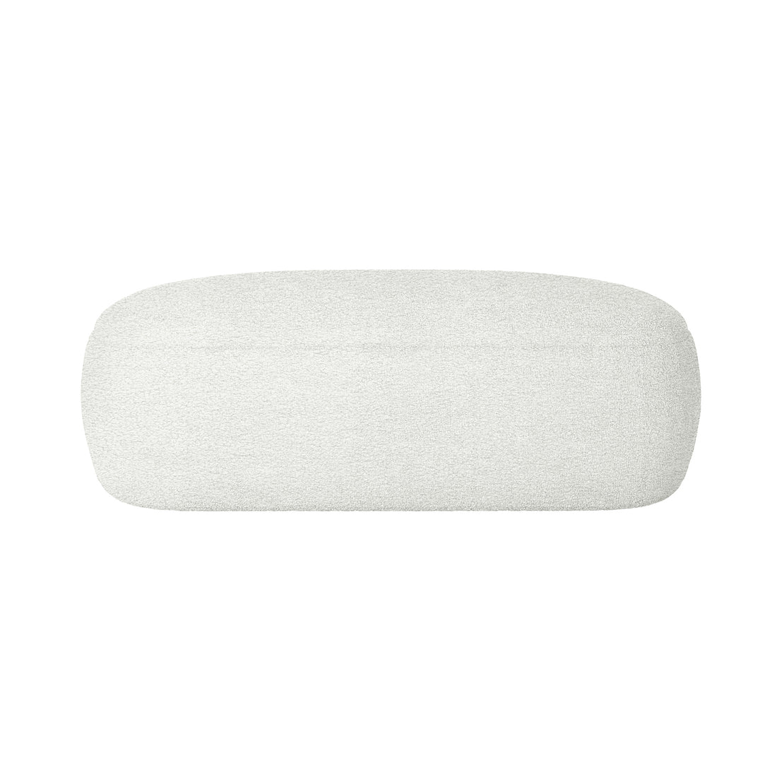 Jamie 110cm Bouclé Ottoman in Cream White, featuring a low rectangular design with soft, off-white boucle fabric, rounded corners, and a legless base, ideal for resting feet and relaxation.