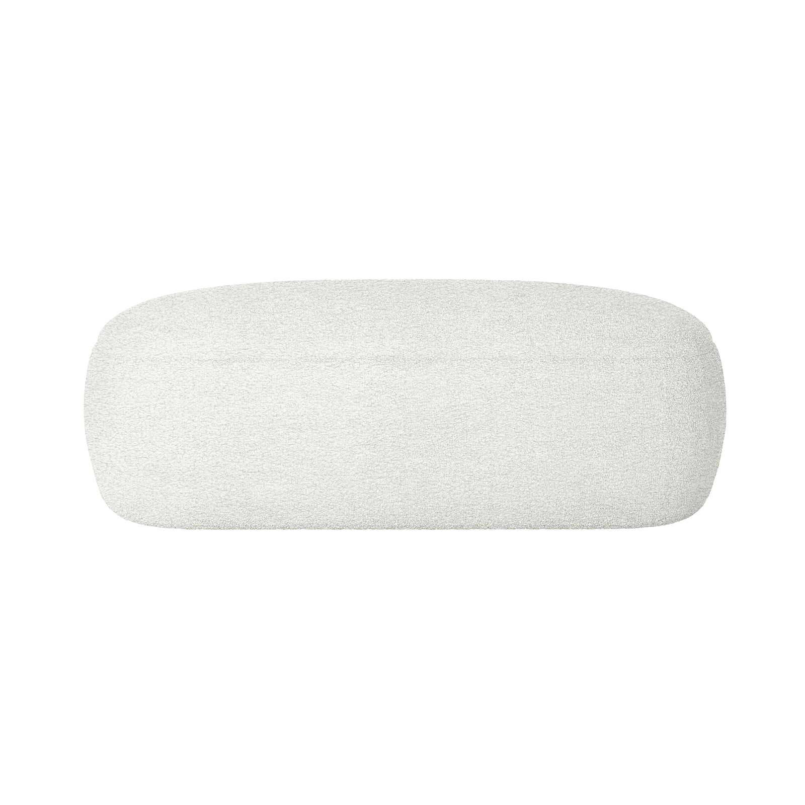 Jamie 110cm Bouclé Ottoman in Cream White, featuring a low rectangular design with soft, off-white boucle fabric, rounded corners, and a legless base, ideal for resting feet and relaxation.