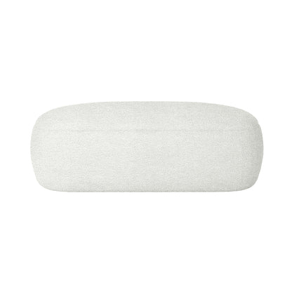 Jamie 110cm Bouclé Ottoman in Cream White, featuring a low rectangular design with soft, off-white boucle fabric, rounded corners, and a legless base, ideal for resting feet and relaxation.
