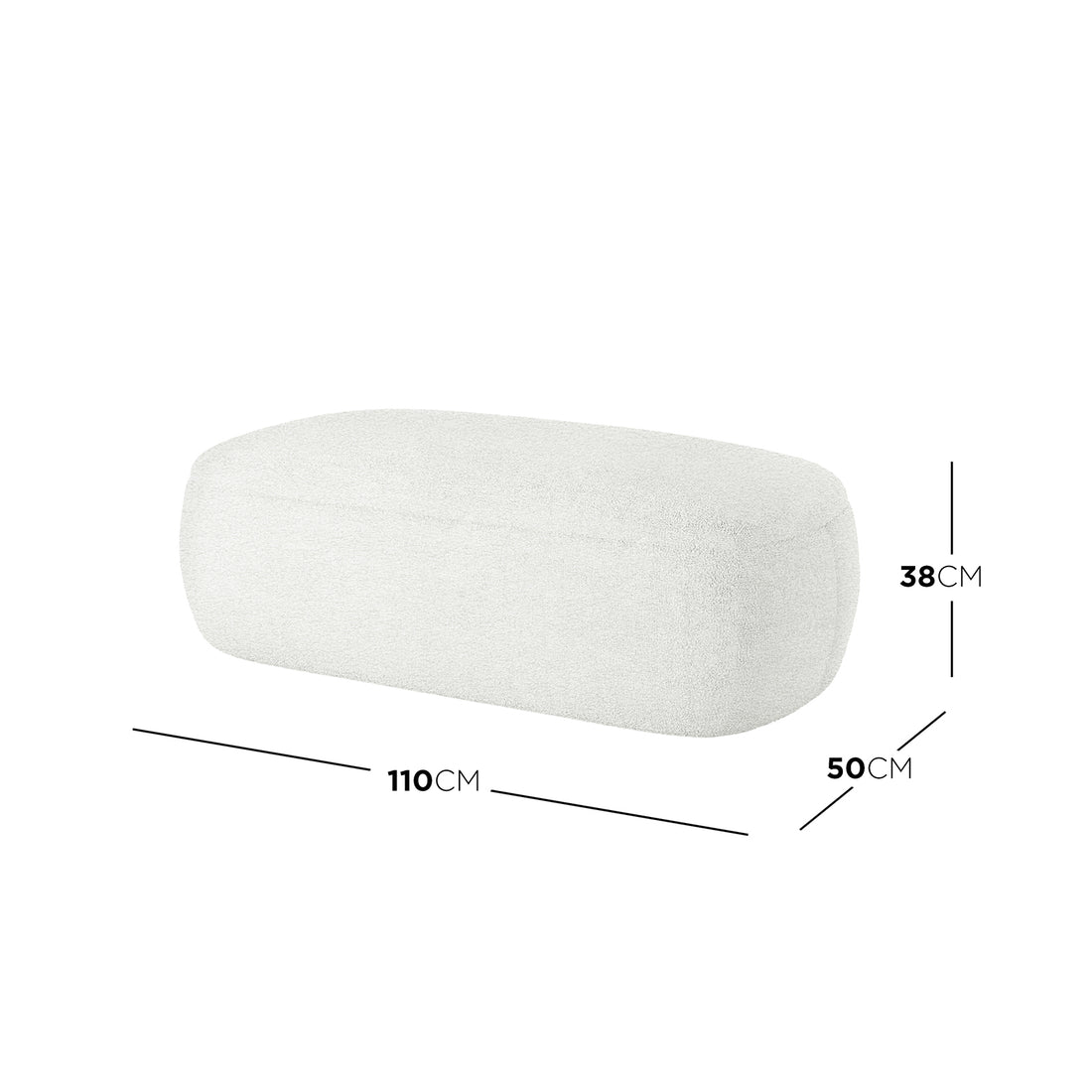 Jamie 110cm Boucle Fabric Ottoman in Cream White features a low, rectangular shape with boucle upholstery. It has a spacious surface supported by a robust engineered wood frame, preassembled for convenience.