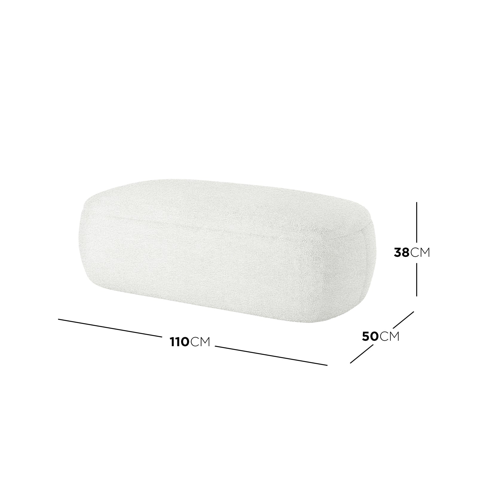Jamie 110cm Boucle Fabric Ottoman in Cream White features a low, rectangular shape with boucle upholstery. It has a spacious surface supported by a robust engineered wood frame, preassembled for convenience.