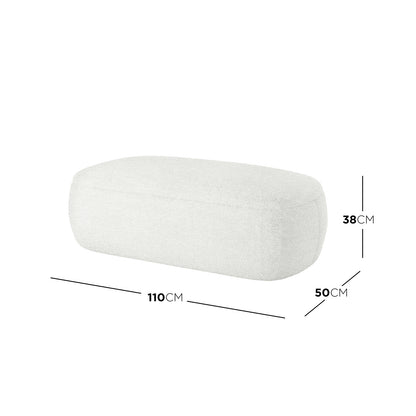 Jamie 110cm Boucle Fabric Ottoman in Cream White features a low, rectangular shape with boucle upholstery. It has a spacious surface supported by a robust engineered wood frame, preassembled for convenience.