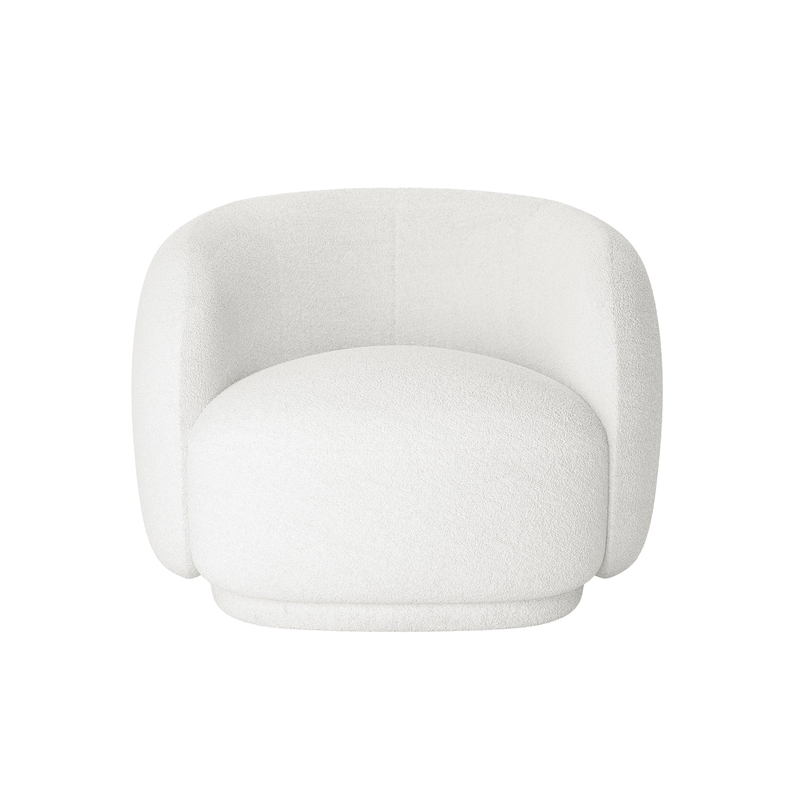 Janelle Boucle Curved Accent Chair – Cream White, featuring a smooth bouclé fabric with a curved backrest and plush foam padding, designed for ergonomic support and luxurious comfort.