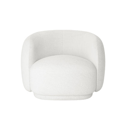 Janelle Boucle Curved Accent Chair – Cream White, featuring a smooth bouclé fabric with a curved backrest and plush foam padding, designed for ergonomic support and luxurious comfort.