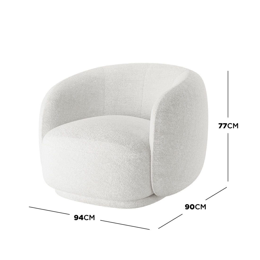 Janelle Bouclé Curved Accent Chair in cream white, showcasing its plush bouclé fabric and ergonomic curved backrest. The chair's solid wood frame and ample foam padding highlight comfort and modern elegance.