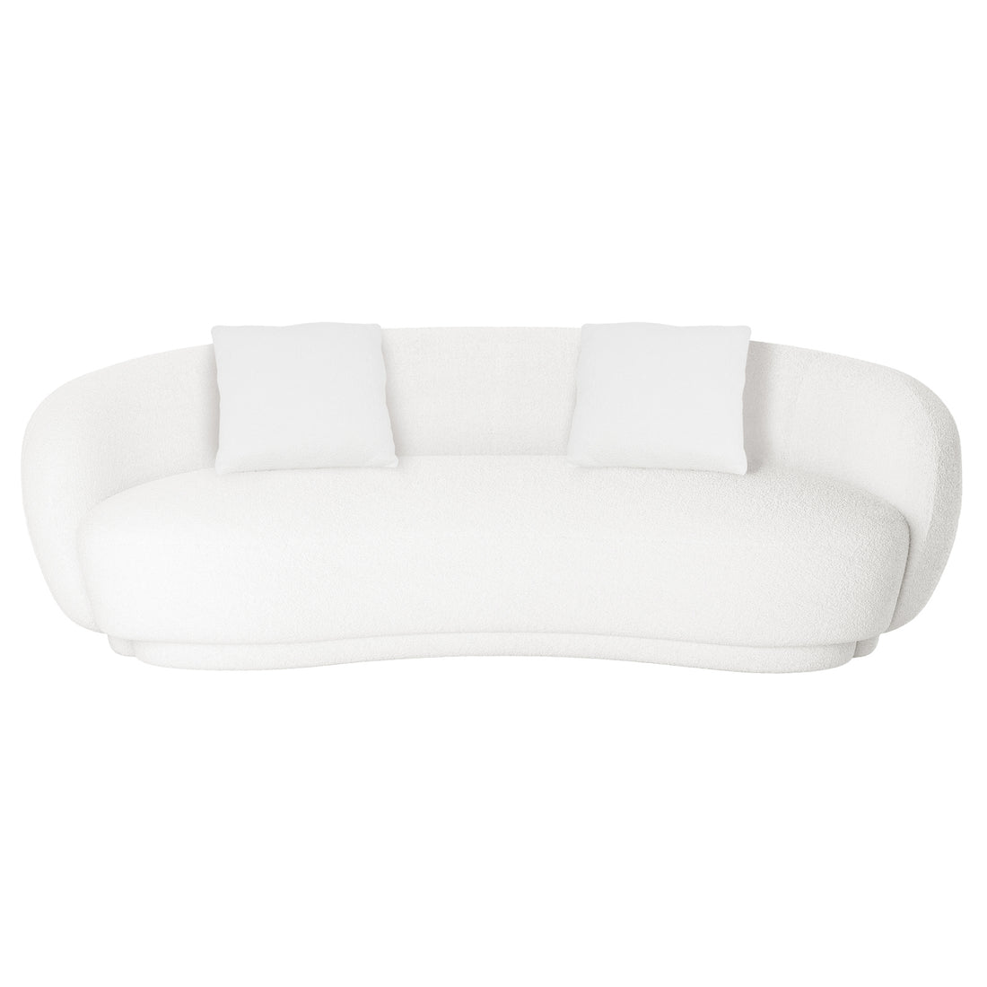 Janelle 191cm Boucle 3-Seater Curved Sofa featuring a plush cream-white bouclé upholstery, elegant curved design with armrests, and matching pillows, ideal for modern minimalist interiors.